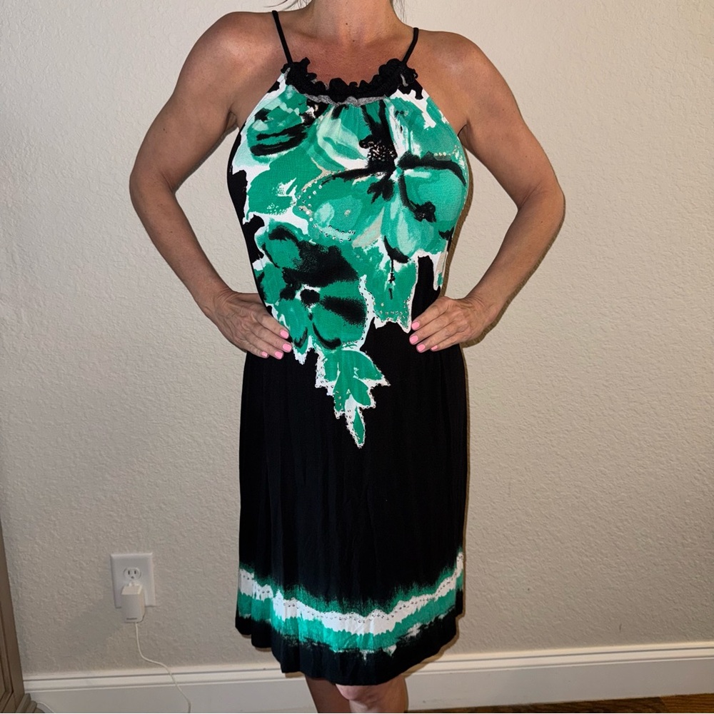 Elegant Green and Black Floral Dress